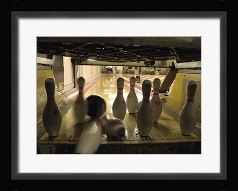 Framed Bowling Ball Hitting Bowling Pins Print