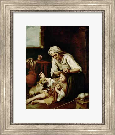 Framed Old Woman Cleaning a Boy&#39;s Hair Print