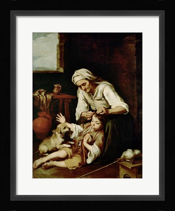 Framed Old Woman Cleaning a Boy's Hair Print