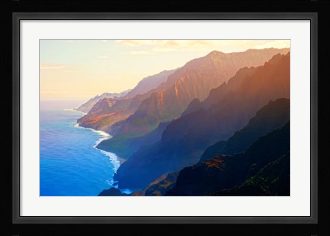 Framed Mountain range at sunrise, Na Pali Coast, Kauai, Hawaii, USA Print
