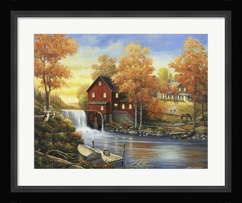 Framed Autumn Sunset At The Old Mill Print