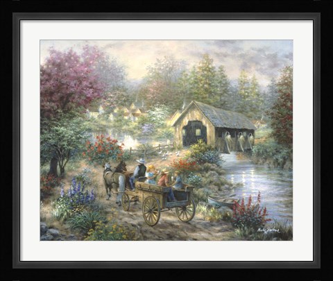 Framed Merriment At Covered Bridge Print