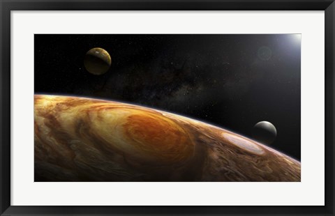 Framed Jupiter&#39;s Moons Lo and Europa hover over the Great Red Spot on Jupiter Print