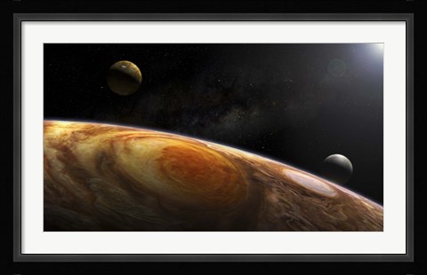 Framed Jupiter's Moons Lo and Europa hover over the Great Red Spot on Jupiter Print