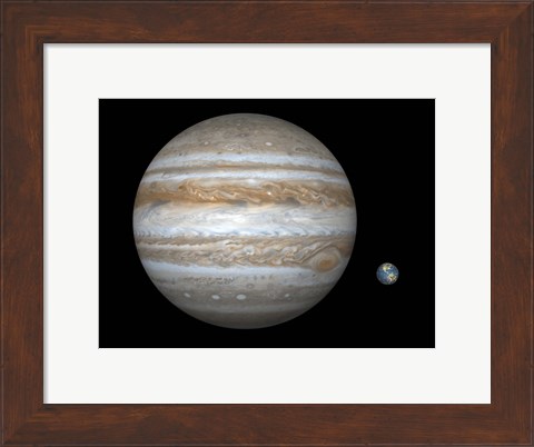 Framed Artist&#39;s concept Comparing the Size of the Gas Giant Jupiter with That of the Earth Print