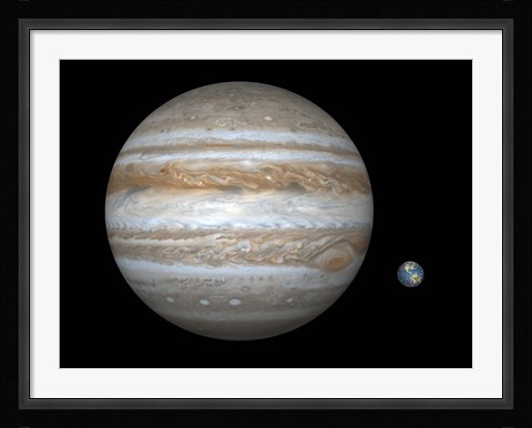 Framed Artist's concept Comparing the Size of the Gas Giant Jupiter with That of the Earth Print