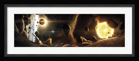 Framed Asteroid field next to an Earth-like Planet in a Dual-star System Print