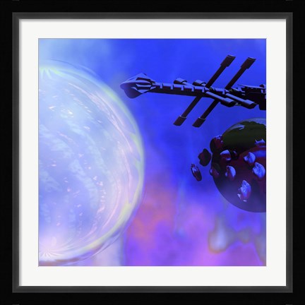 Framed Spaceship Passes a Moon and Orbiting Asteroids Print