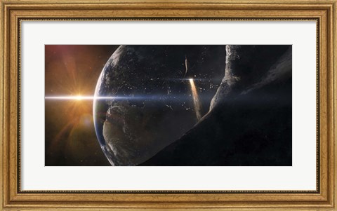 Framed Space Shuttle flying over an Asteroid that is passing close to Earth Print