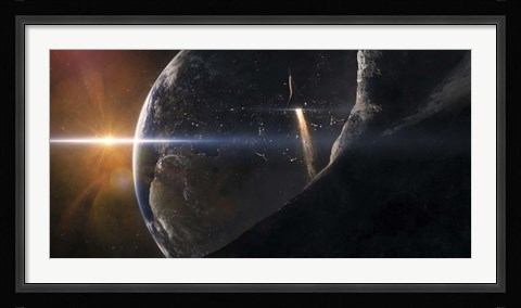 Framed Space Shuttle flying over an Asteroid that is passing close to Earth Print