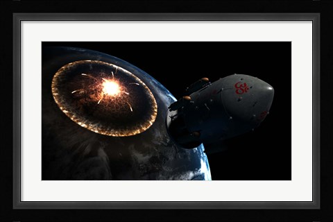 Framed Orion-drive spacecraft leaving Earth impacted by a Comet Print