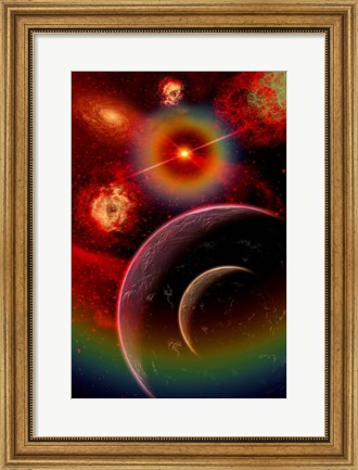 Framed alien planet and it&#39;s moon illuminated by the glow of Nebula gas clouds Print