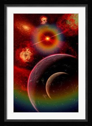 Framed alien planet and it's moon illuminated by the glow of Nebula gas clouds Print