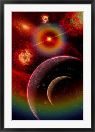 Framed alien planet and it's moon illuminated by the glow of Nebula gas clouds Print