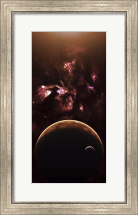 Framed barren world passes in front of a large and complex Nebula Print