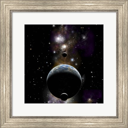 Framed Earth type world with two moons against a background of Nebula and stars Print