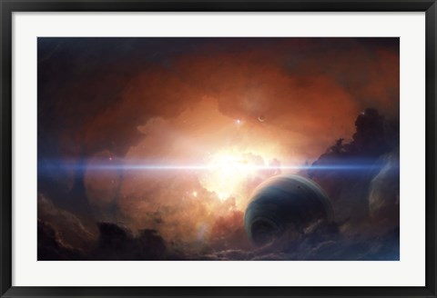 Framed Gas giant partly hidden in a Nebula Print