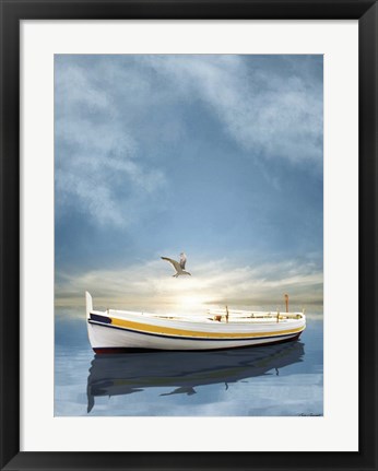 Framed White Boat in the Sunset Print