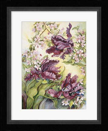 Framed Parrot Tulips With Cherry Blossoms Print