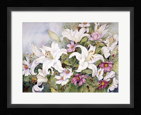 Framed White Lilies And Mixed Colored Cosmos Print