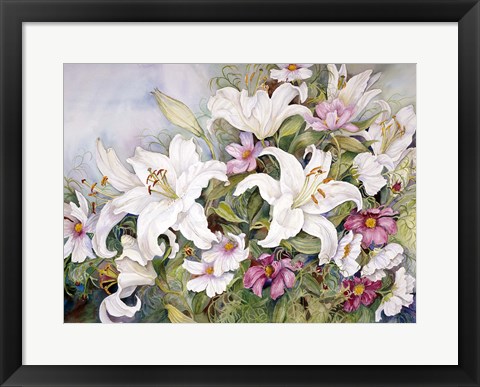 Framed White Lilies And Mixed Colored Cosmos Print