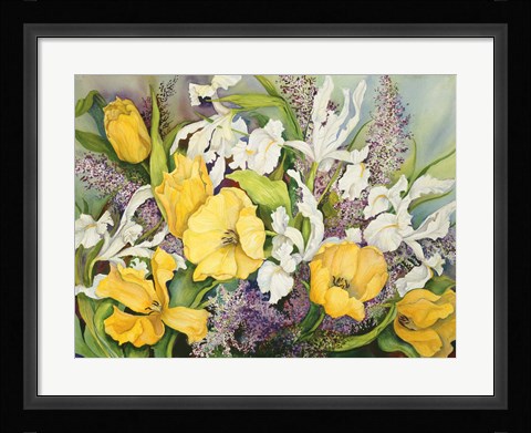 Framed Yellow Tulips, White Iris And Heather Print