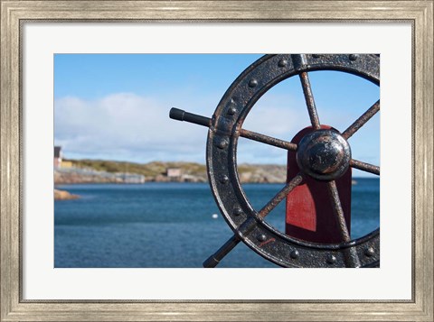 Framed Harbor and Boat Wheel Print