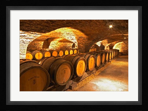 Framed Oak Barrels in Cellar at Domaine Comte Senard Print