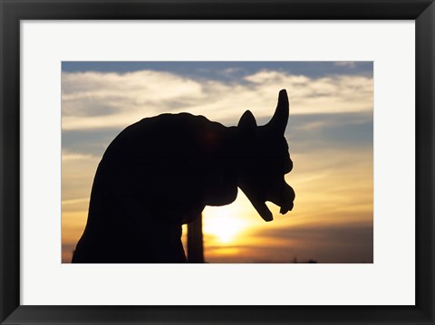 Framed Chimera of Notre Dame Cathedral at Sunset Print