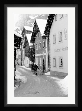 Framed Snowy Street in Hallstat, Austria Print