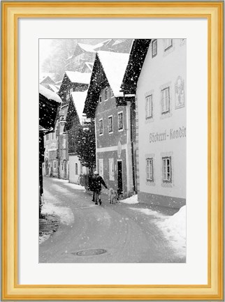 Framed Snowy Street in Hallstat, Austria Print
