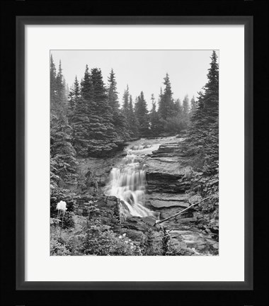 Framed Waterfall Over Rock With Wildflowers Print