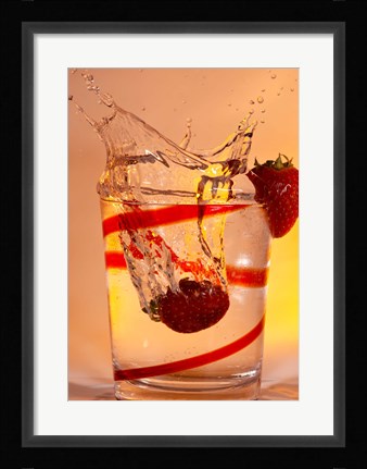 Framed Strawberry Splash In Red Swirl Glass I Print