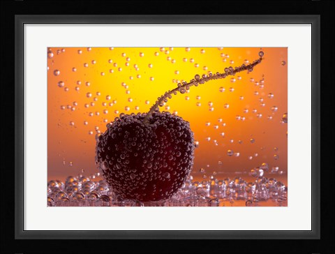 Framed Cherry Underwater Covered In Water Drops II Print