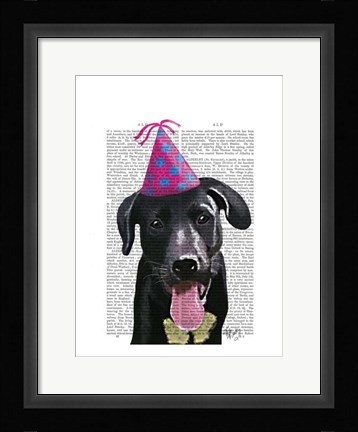 Framed Black Labrador With Party Hat Print