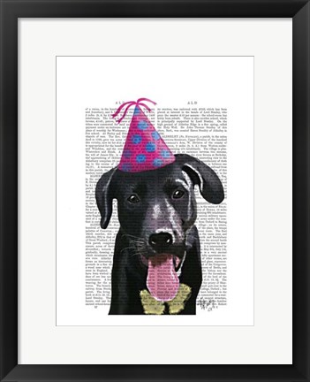 Framed Black Labrador With Party Hat Print