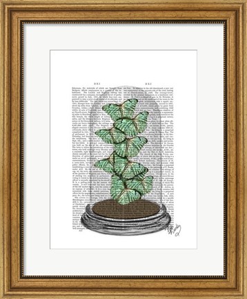 Framed Green Butterflies in Bell Jar Print