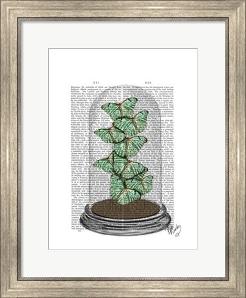 Framed Green Butterflies in Bell Jar Print