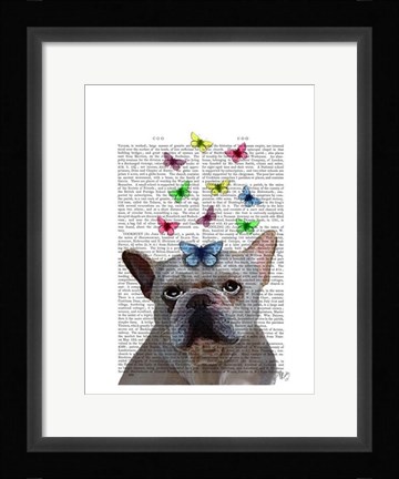 Framed White French Bulldog and Butterflies Print