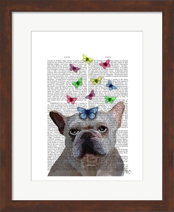 Framed White French Bulldog and Butterflies Print
