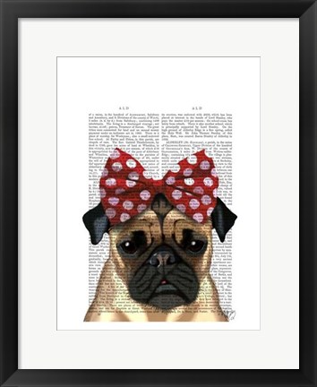 Framed Pug with Red Spotty Bow On Head Print