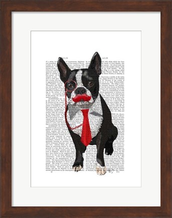 Framed Boston Terrier With Red Tie and Moustache Print