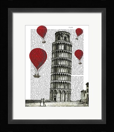 Framed Tower of Pisa and Red Hot Air Balloons Print
