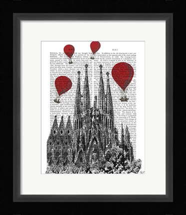 Framed Sagrada Familia and Red Hot Air Balloons Print
