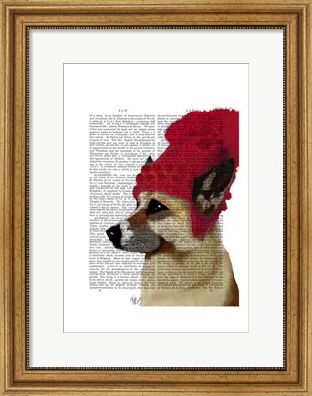 Framed German Shepherd in Red Woolly Hat Print