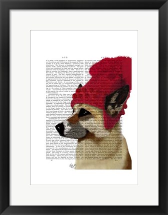 Framed German Shepherd in Red Woolly Hat Print