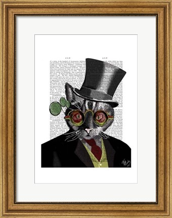 Framed Steampunk Cat - Top Hat and red yellow glasses Print
