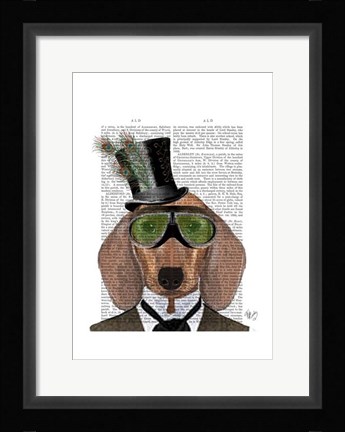 Framed Dachshund Green Goggles Top Hat Print