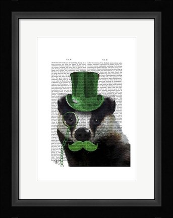Framed Badger with Green Top Hat and Moustache Print