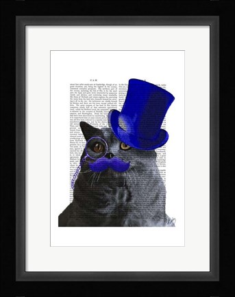 Framed Grey Cat With Blue Top Hat and Blue Moustache Print